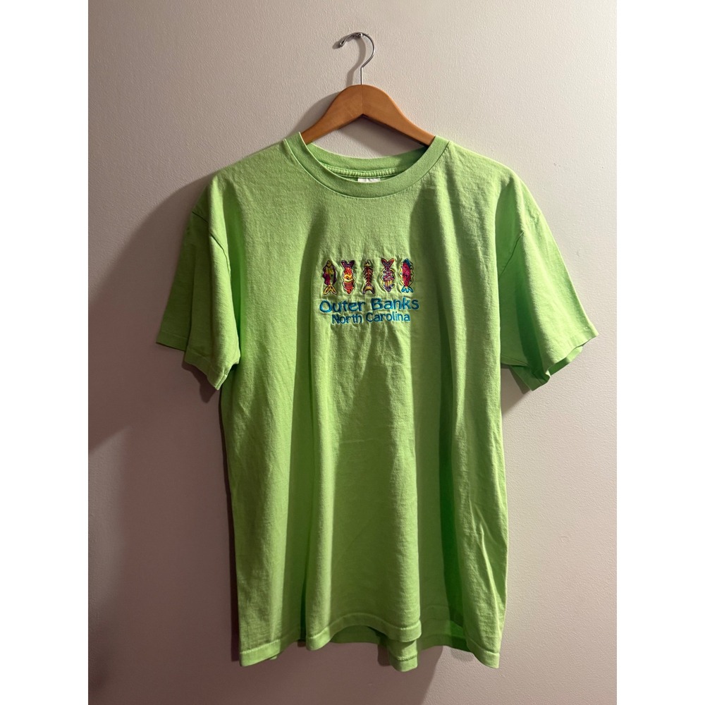 Vintage 90s Anvil Outer Banks NC Fish Embroidered T-Shirt XL Lime Green USA Made
